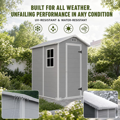 4X6Ft Plastic Shed with Floor& Easy Ramp, Waterproof,Resin Storage
