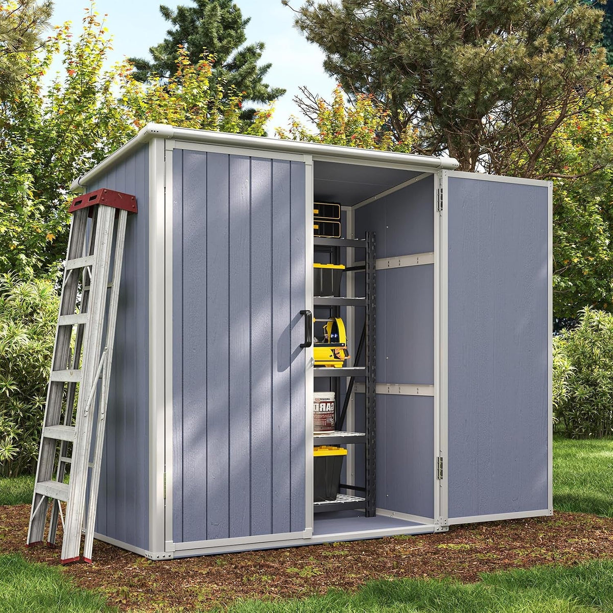 5 X 3 FT Outdoor Storage Shed, Resin Shed with Floor & Lockable Doors, Small Garden Shed Waterproof Plastic Tool Shed with Sloped Roof for Backyard, Garden, Patio, Lawn, Grey
