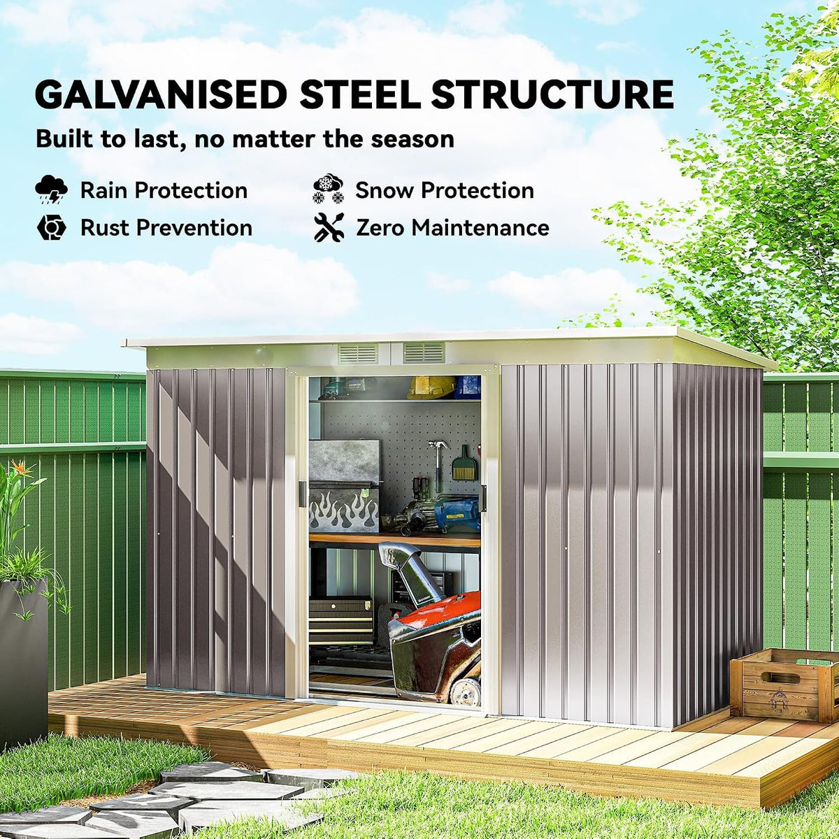 9Ft X 4Ft Metal Garden Shed Waterproof Light Grey