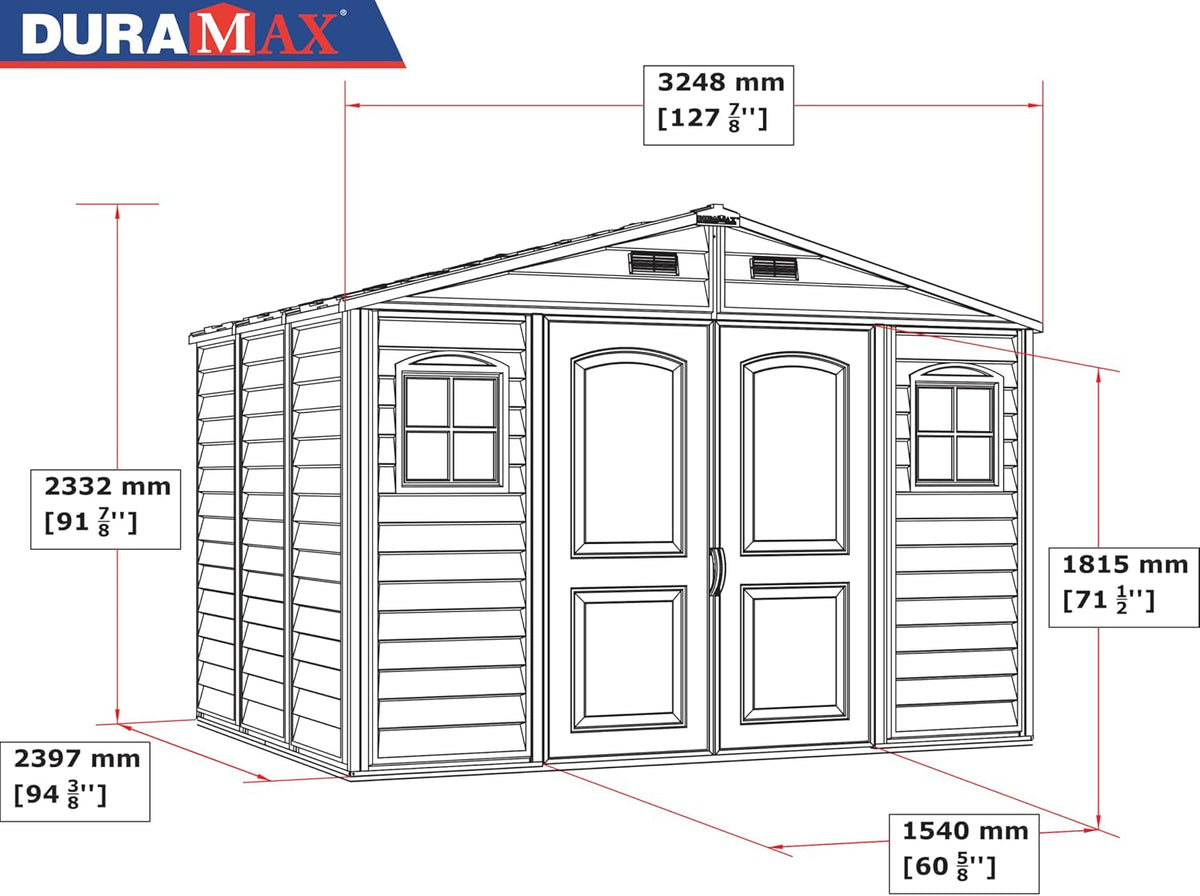 Woodside 10 X 8 (8.02 M2) Plastic Garden Shed with 3 Fixed Windows & Metal Foundation Kit, Strong Metal Roof Structure Fire Retardant and Maintenance-Free Storage Shed - Ivory/Brown