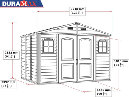 Woodside 10 X 8 (8.02 M2) Plastic Garden Shed with 3 Fixed Windows & Metal Foundation Kit, Strong Metal Roof Structure Fire Retardant and Maintenance-Free Storage Shed - Ivory/Brown