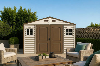 Woodside 10 X 8 (8.02 M2) Plastic Garden Shed with 3 Fixed Windows & Metal Foundation Kit, Strong Metal Roof Structure Fire Retardant and Maintenance-Free Storage Shed - Ivory/Brown