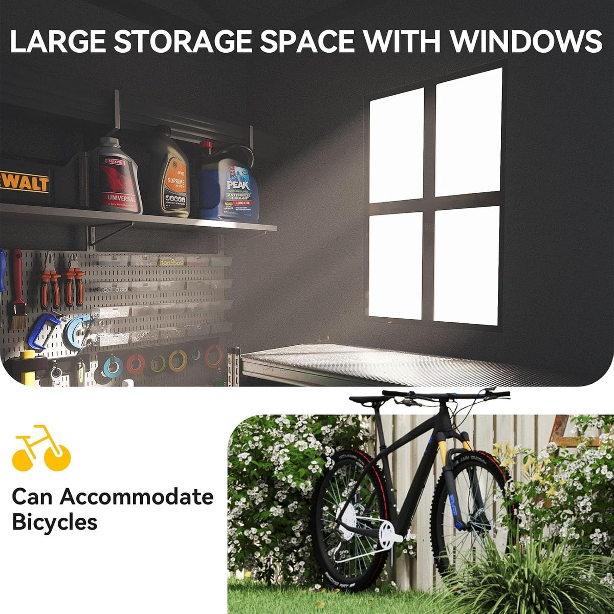 6X4 FT Outdoor Storage Shed, All-Weather Plastic Shed with Floor Included & Lockable Doors & Slooping Roof, Plastic Garden Shed with Vents & Window for Backyard, Patio, Poolside, Bike-Black