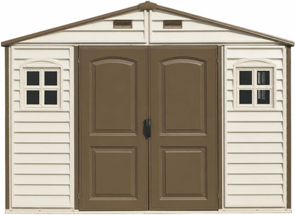 Woodside 10 X 8 (8.02 M2) Plastic Garden Shed with 3 Fixed Windows & Metal Foundation Kit, Strong Metal Roof Structure Fire Retardant and Maintenance-Free Storage Shed - Ivory/Brown