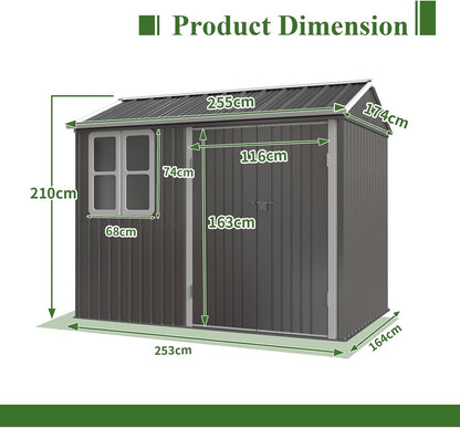 Garden Shed Steel Apex Roof House Outdoor Backyard Storage with Lockable Double Doors Window Free Foundation Tool Equipment Organizer Air Vents 8X6Ft Grey