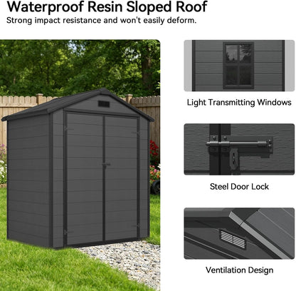 6X4 FT Plastic Garden Shed with Floor & Window, All-Weather Garden Resin Shed Waterproof Outdoor Storage Shed with Vents, Roof Drainage, Zero Maintenance for Backyard, Bike-Black