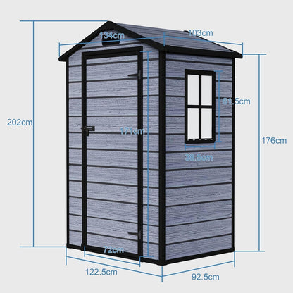 4X3FT Plastic Garden Shed with Floor Apex Roof Wood Grain Effect Fade Free All Weather Resistant Lockable Door Outdoor Storage Box Air Vent&Window Garden Tool Shed Low Maintenance Grey