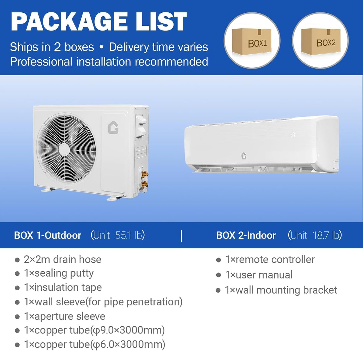 12000 BTU Mini Split Air Conditioner Heat Pump System, Enabled for Wifi 20 SEER2 208V - 230V AC Duct Free Cooling up to 750 Sqm Ft, Compatible with Alexa, Kit
