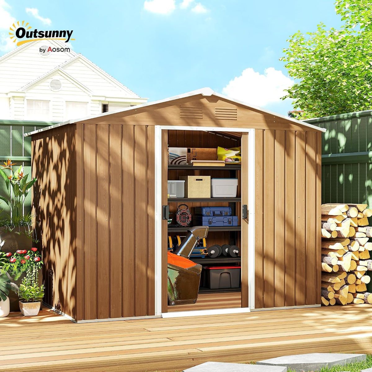 7.7 X 5.6Ft Metal Garden Shed with Vents Brown Wood Effect