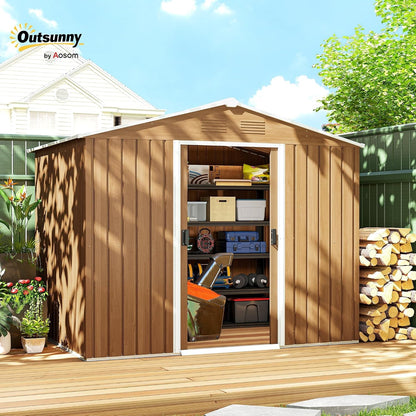 7.7 X 5.6Ft Metal Garden Shed with Vents Brown Wood Effect
