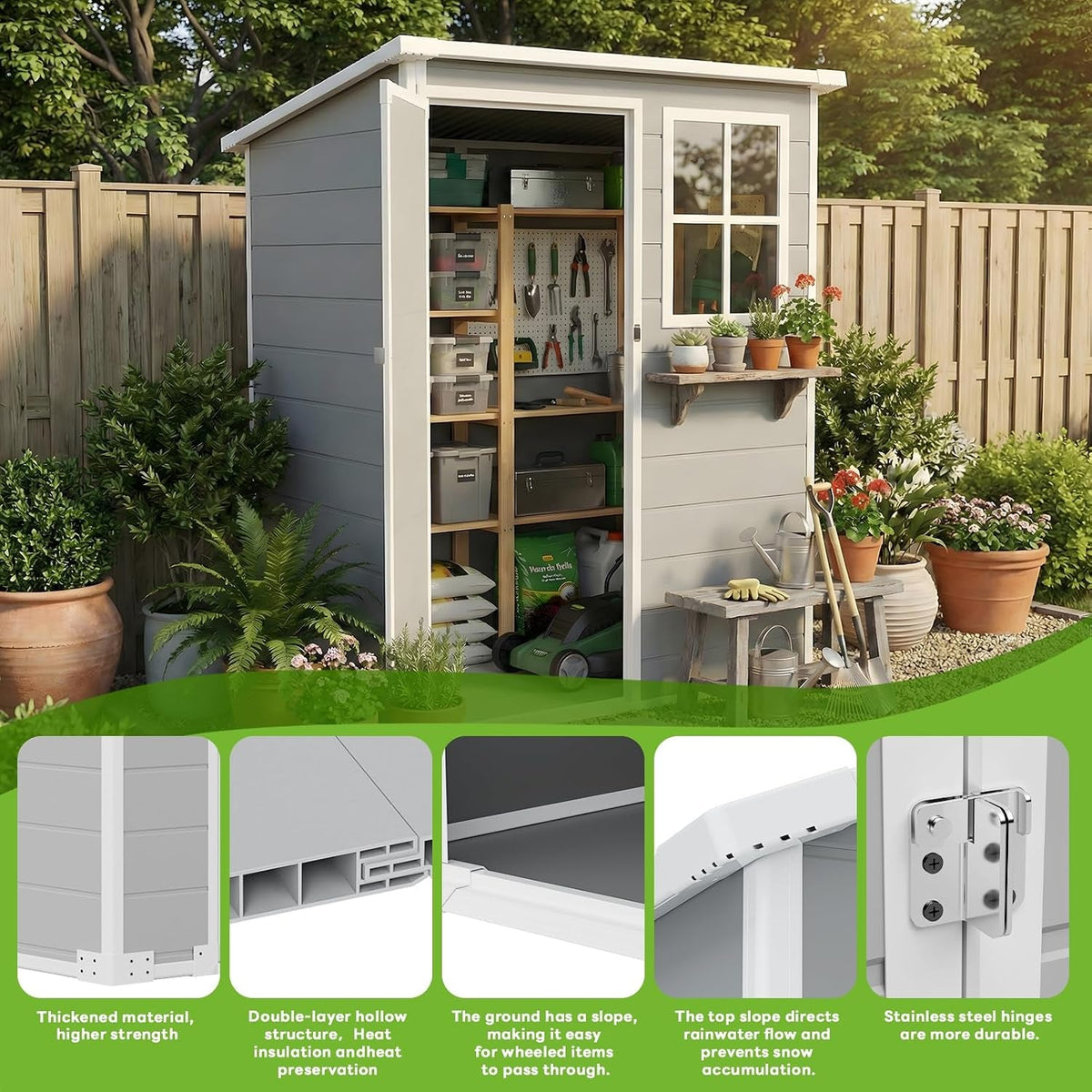 5×3 FT Plastic Garden Storage Shed with Floor,All Weather Resin Sheds and Outdoor Storage,Waterproof Outdoor Shed with Lockable Door/Sloped Roof/Window/Vent,For Yard,Patio,Lawn,Bike