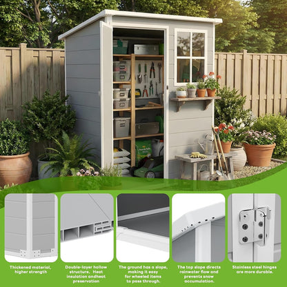 5×3 FT Plastic Garden Storage Shed with Floor,All Weather Resin Sheds and Outdoor Storage,Waterproof Outdoor Shed with Lockable Door/Sloped Roof/Window/Vent,For Yard,Patio,Lawn,Bike