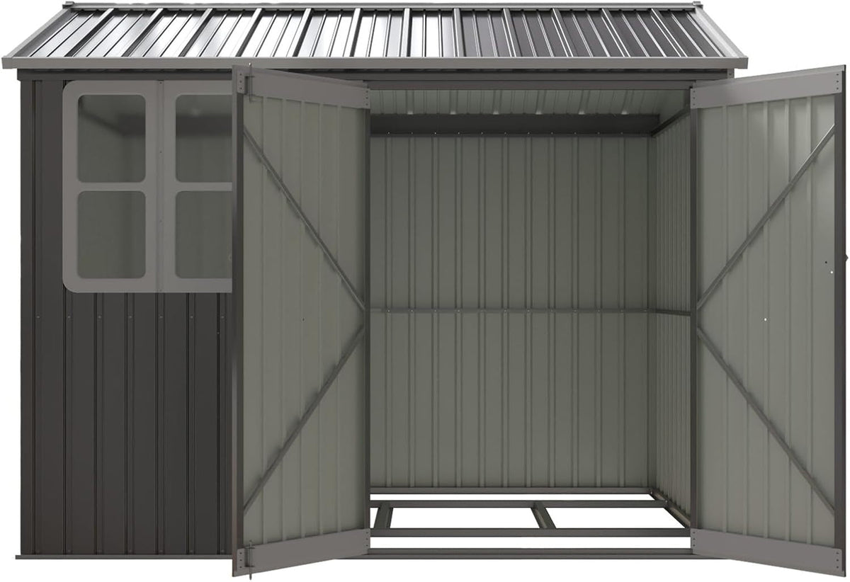 Garden Shed Steel Apex Roof House Outdoor Backyard Storage with Lockable Double Doors Window Free Foundation Tool Equipment Organizer Air Vents 8X6Ft Grey