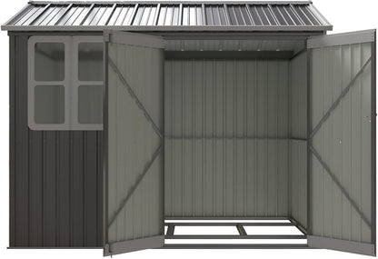 Garden Shed Steel Apex Roof House Outdoor Backyard Storage with Lockable Double Doors Window Free Foundation Tool Equipment Organizer Air Vents 8X6Ft Grey