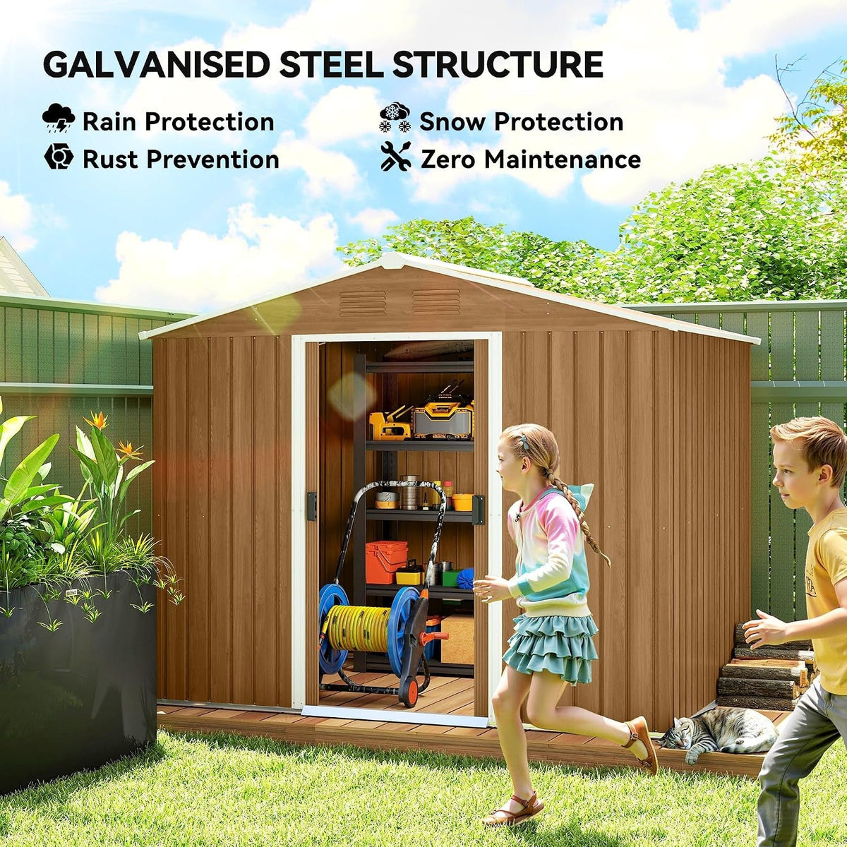 7.7 X 5.6Ft Metal Garden Shed with Vents Brown Wood Effect