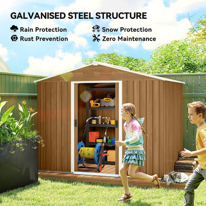 7.7 X 5.6Ft Metal Garden Shed with Vents Brown Wood Effect
