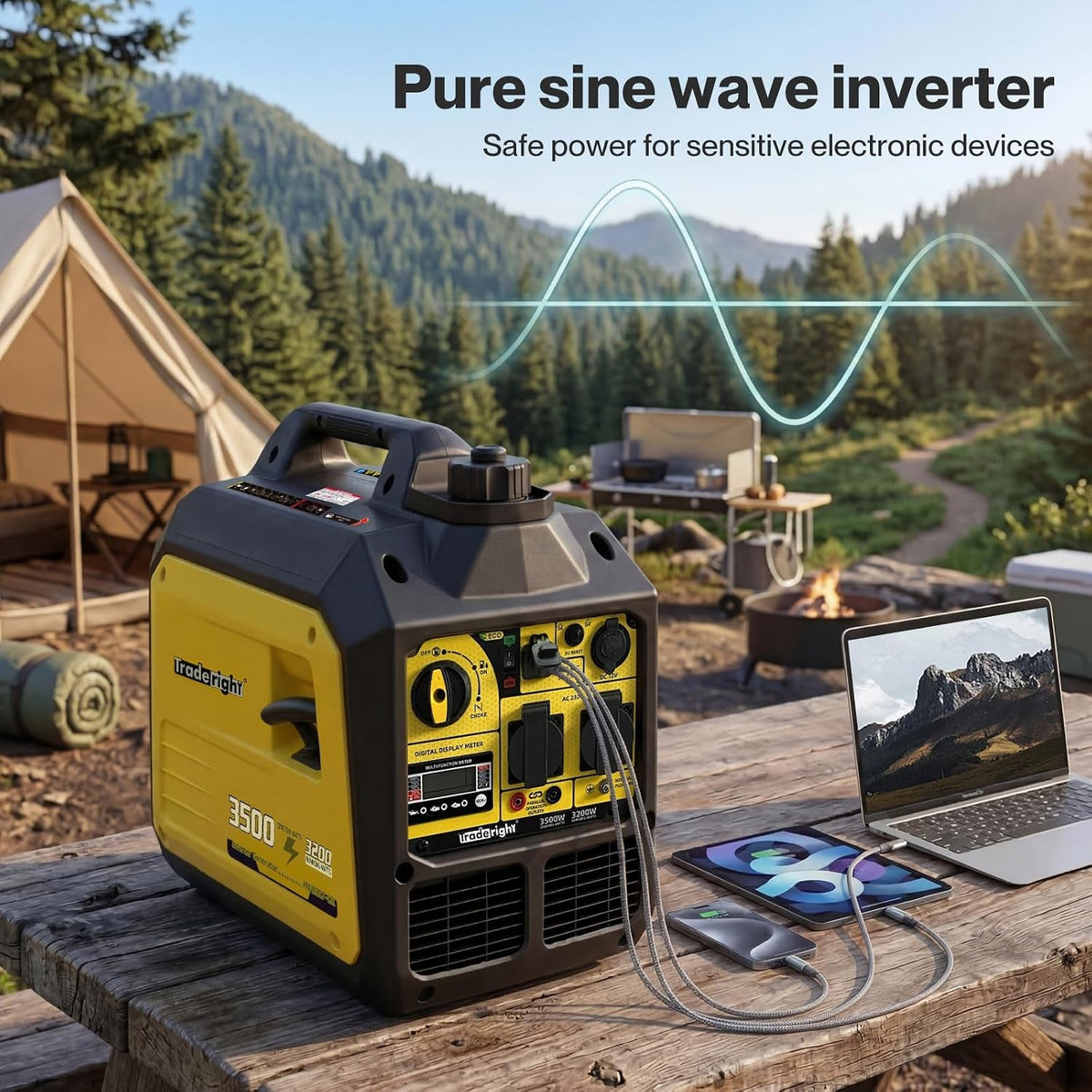 Tradreright 3500W Portable Inverter Generator Petrol Generator, 4 Stroke Silent Pure Sine Wave Generator for Camping, RV Travel, Home, or Job Sites