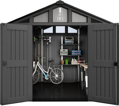 Stronghold 10X8 Garden Shed – Grey | Steel-Reinforced Evotech Resin | Extra-Wide Double Doors (152.5Cm) | Skylights + Windows | Ventilated & Weatherproof | Maintenance-Free Storage