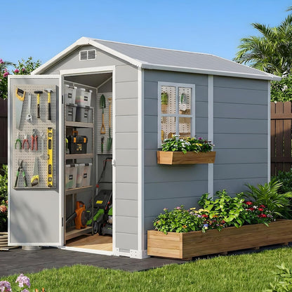 4X6Ft Plastic Shed with Floor & Window, All-Weather Garden Shed