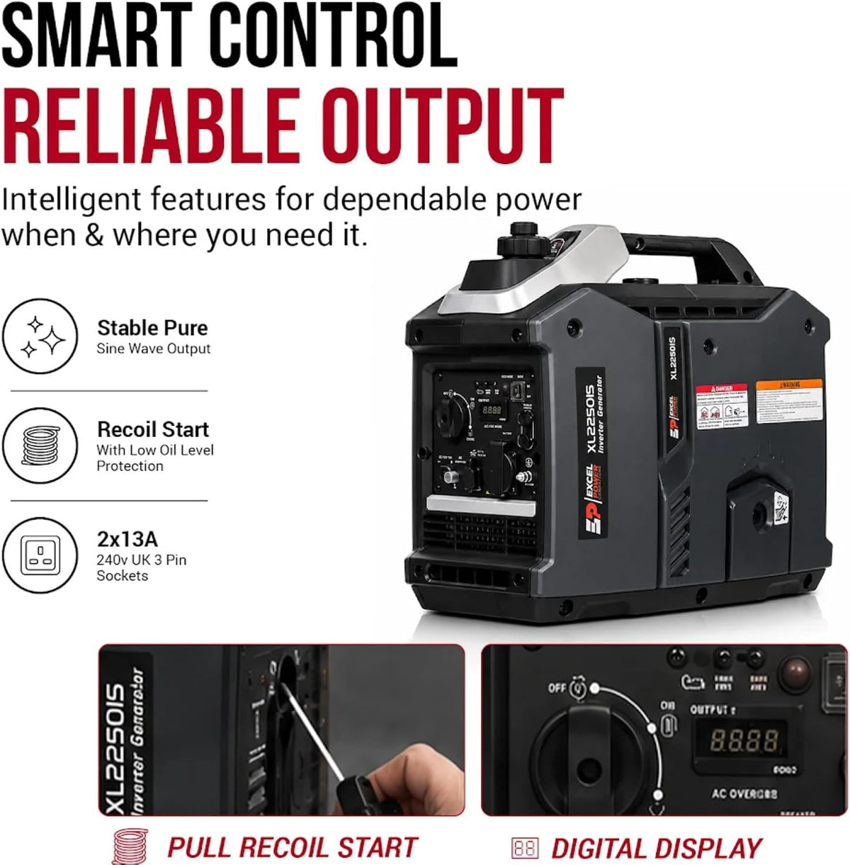 Excel Power Xl2250Is Inverter Petrol Generator - 2000W Peak 1800W Rated with 4.8L Fuel Tank | Quiet Portable Power Supply for Camping, Caravan, Motorhome, Outdoor Adventures & Home Backup