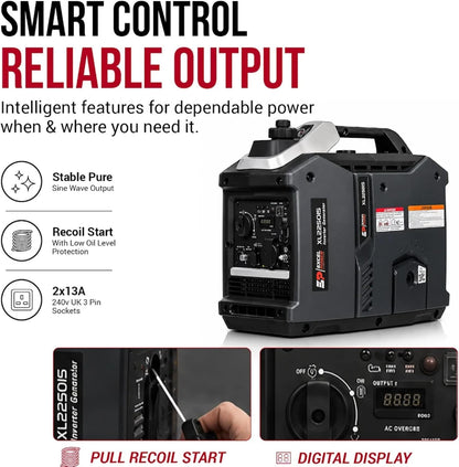 Excel Power Xl2250Is Inverter Petrol Generator - 2000W Peak 1800W Rated with 4.8L Fuel Tank | Quiet Portable Power Supply for Camping, Caravan, Motorhome, Outdoor Adventures & Home Backup