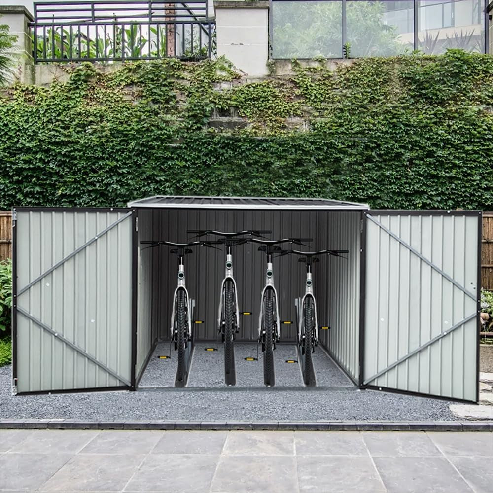 Metal Garden Shed Storage Bike Shed Pent Tool Shed House Galvanized Steel 4 Removable Gravity Locking Racks Can Put 4 Bicycles (4R)
