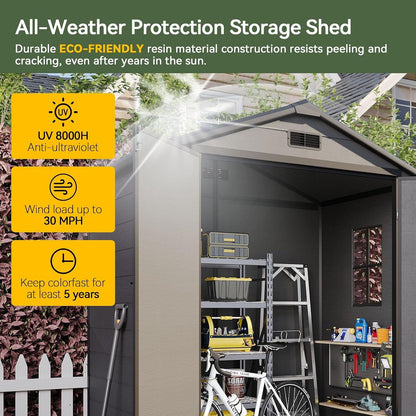 6X4 FT Plastic Garden Shed with Floor & Window, All-Weather Garden Resin Shed Waterproof Outdoor Storage Shed with Vents, Roof Drainage, Zero Maintenance for Backyard, Bike-Black