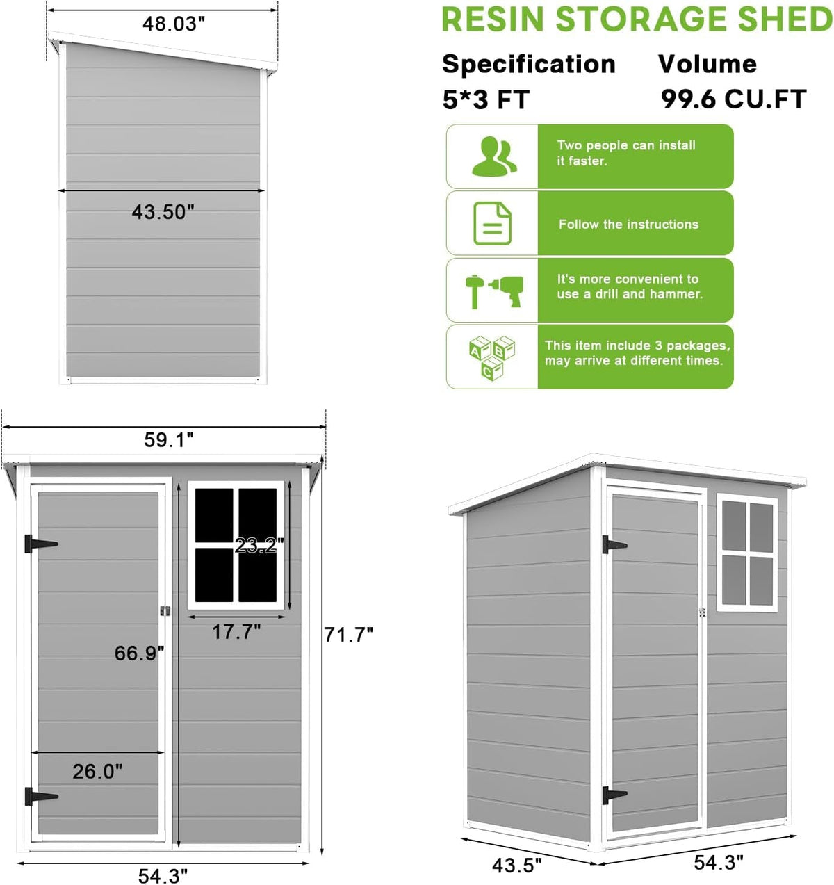 5×3 FT Plastic Garden Storage Shed with Floor,All Weather Resin Sheds and Outdoor Storage,Waterproof Outdoor Shed with Lockable Door/Sloped Roof/Window/Vent,For Yard,Patio,Lawn,Bike