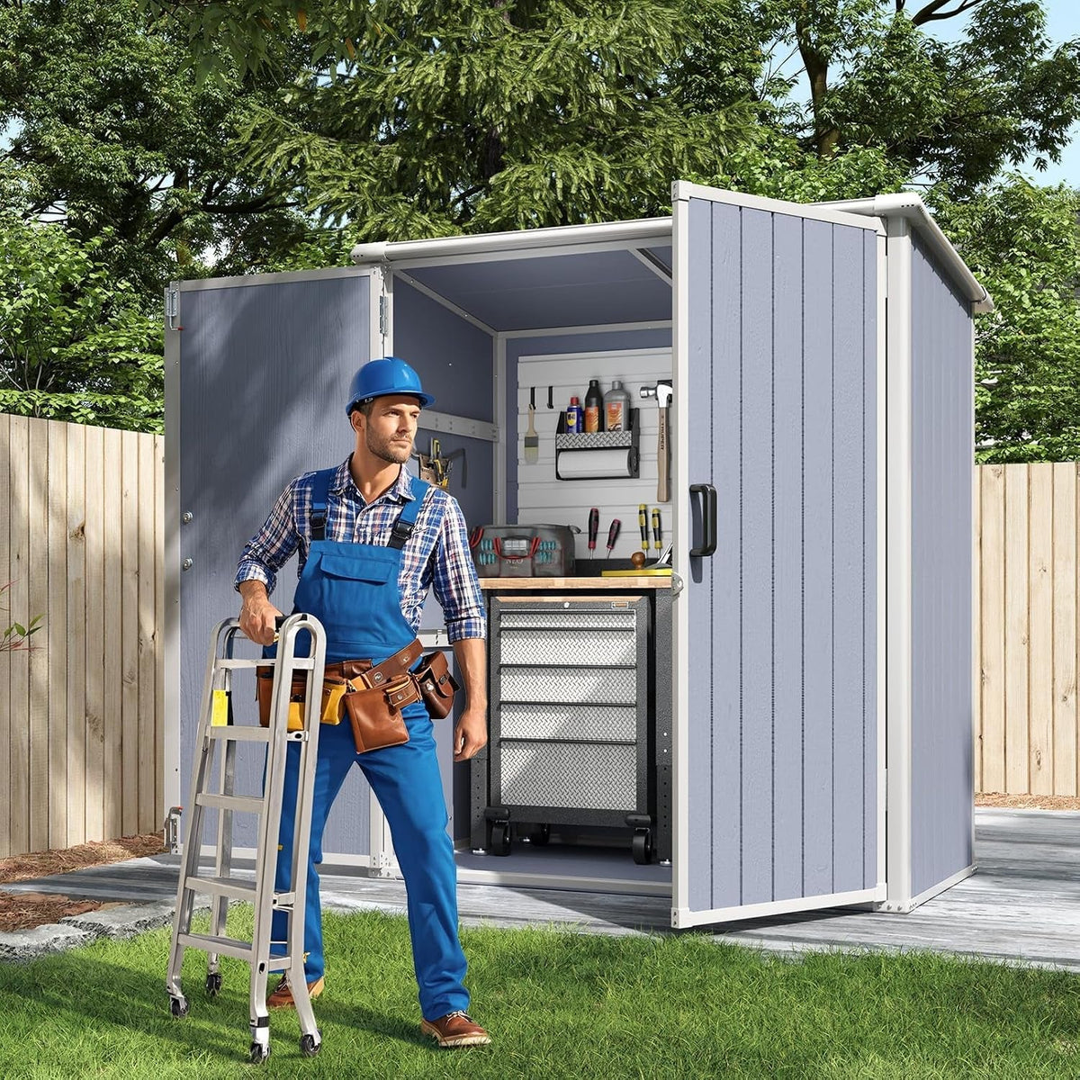5 X 3 FT Outdoor Storage Shed, Resin Shed with Floor & Lockable Doors, Small Garden Shed Waterproof Plastic Tool Shed with Sloped Roof for Backyard, Garden, Patio, Lawn, Grey