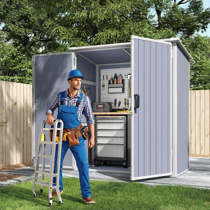5 X 3 FT Outdoor Storage Shed, Resin Shed with Floor & Lockable Doors, Small Garden Shed Waterproof Plastic Tool Shed with Sloped Roof for Backyard, Garden, Patio, Lawn, Grey