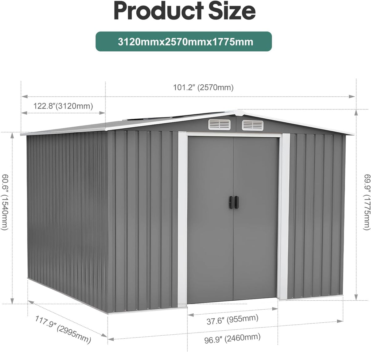 Metal Garden Shed Storage Sheds Heavy Duty Outdoor FREE Base Foundation Green/Grey Color (10X8 Grey)