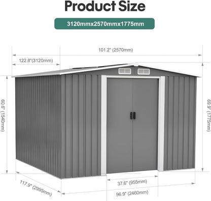 Metal Garden Shed Storage Sheds Heavy Duty Outdoor FREE Base Foundation Green/Grey Color (10X8 Grey)