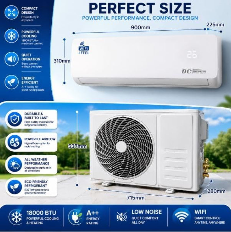 12000 BTU Air Conditioner, Wall Split, Wi Fi, 5 in 1, Air Cooler, Heater, Dehumidifier, Air Purifier, Fan, with Heat Pump, Remote Control, 3.5 Kw, A++ Rating, App Control, Pre Gassed