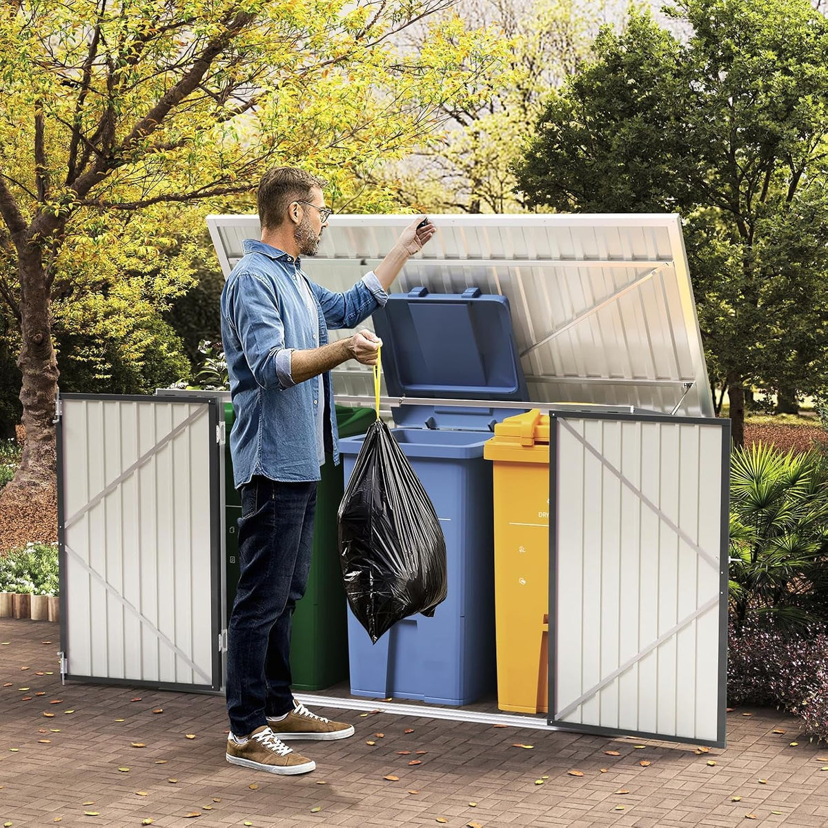 Lockable Garden Storage Shed, Outdoor Bike Shed with Door and Roof, Metal Galvanized Steel Pent Tool Storage Sheds for Bikes, Garbage Bins, Black (D105X W210X H130Cm)