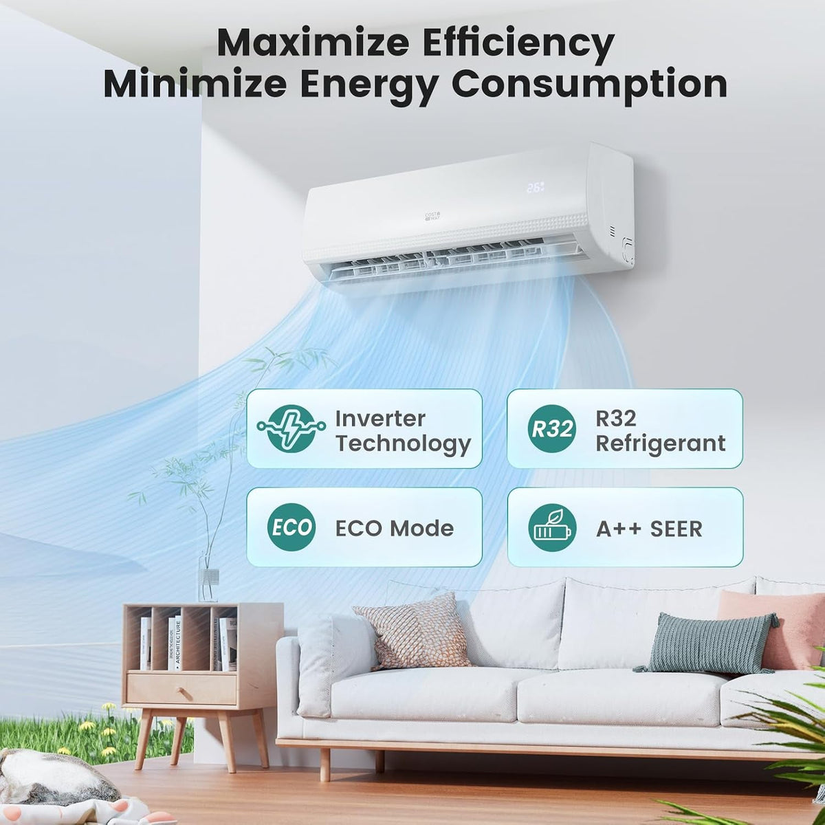 9000 BTU Air Conditioner Wall Split, 5 in 1 Air Cooler Heater Dehumidifier Air Purifier Fan with Heat Pump & Remote Control, A++ Efficiency, 2.6 Kw, Inverter, Installation Kit Included