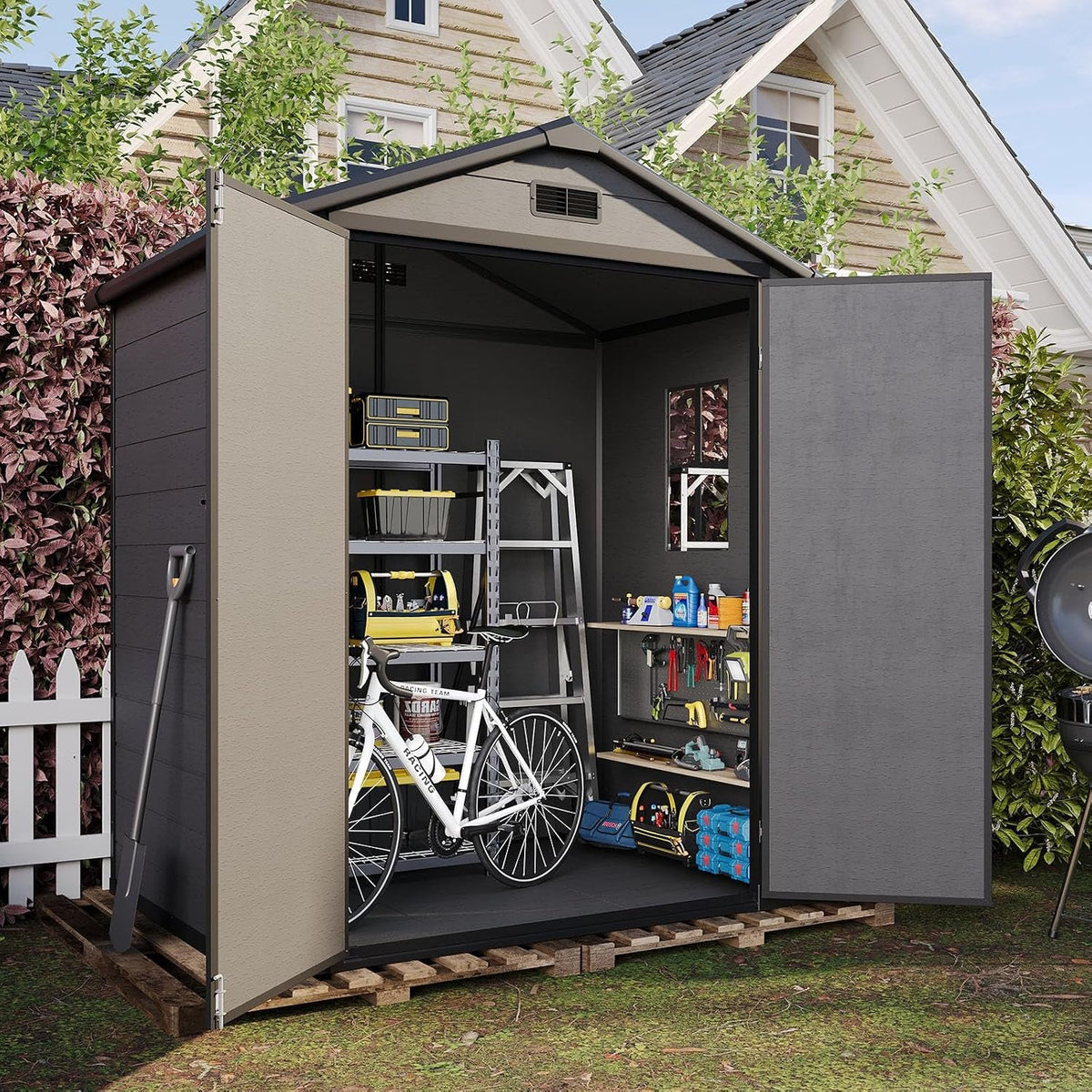 6X4 FT Plastic Garden Shed with Floor & Window, All-Weather Garden Resin Shed Waterproof Outdoor Storage Shed with Vents, Roof Drainage, Zero Maintenance for Backyard, Bike-Black
