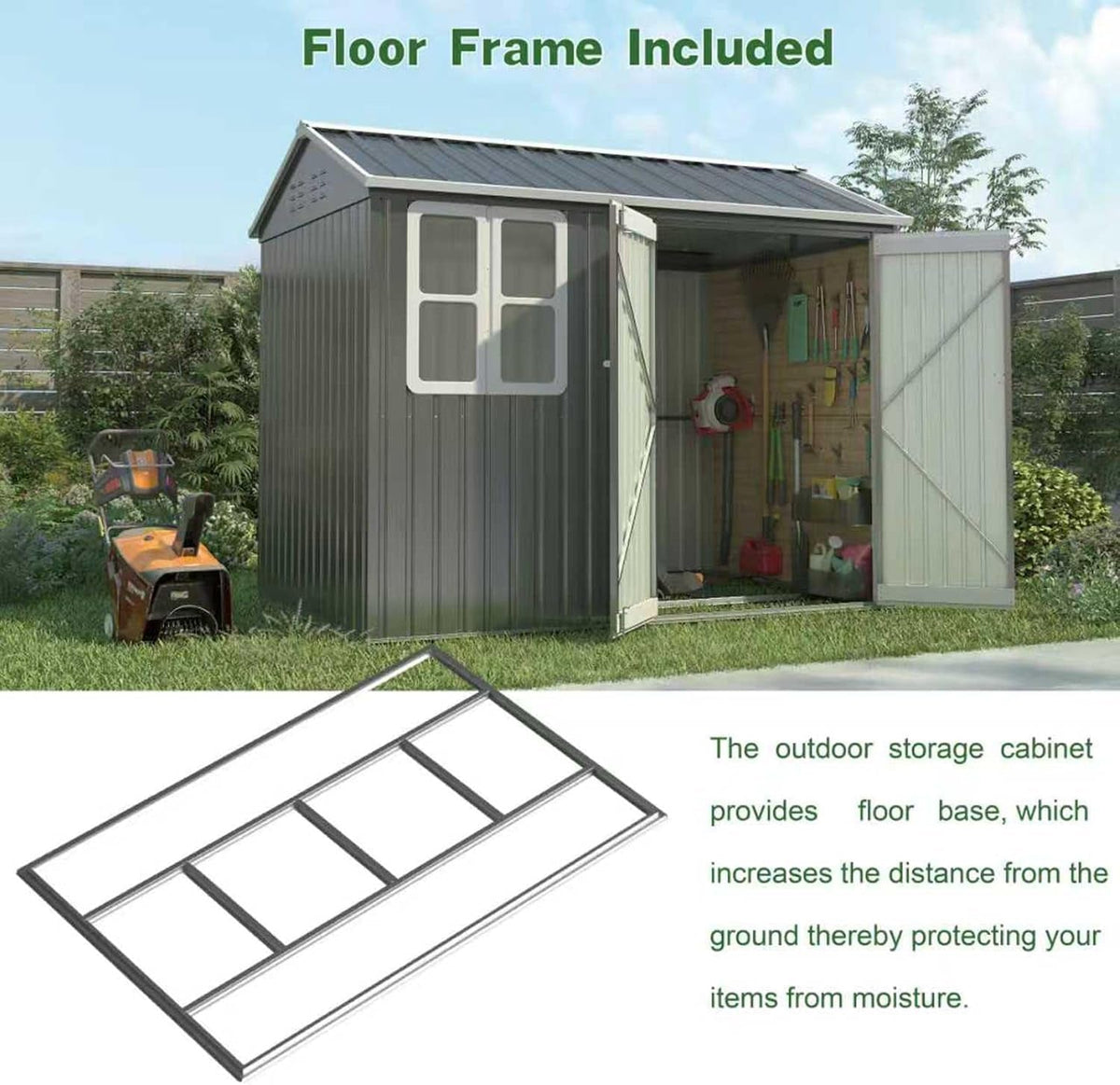 Garden Shed Steel Apex Roof House Outdoor Backyard Storage with Lockable Double Doors Window Free Foundation Tool Equipment Organizer Air Vents 8X6Ft Grey