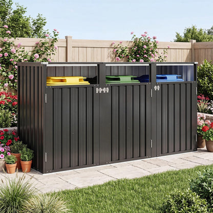3 Wheelie Bin Storage, Outdoor Bin Storage Shed for 3 Bins up to 240L, Galvanized Steel Bin Store with Chain Lid & Reinforced Back Panel for Garden Patio Yard