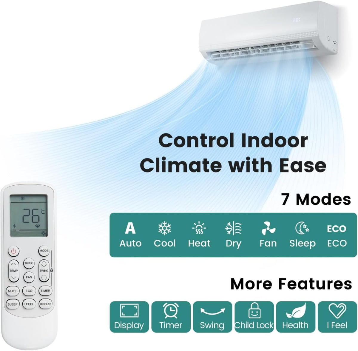 9000 BTU Air Conditioner Wall Split, 5 in 1 AC Unit (9000, Btus)