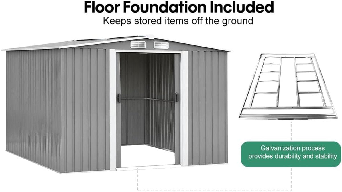 Metal Garden Shed Storage Sheds Heavy Duty Outdoor FREE Base Foundation Green/Grey Color (10X8 Grey)