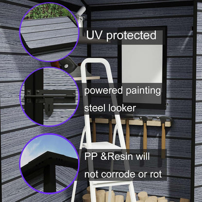 4X3FT Plastic Garden Shed with Floor Apex Roof Wood Grain Effect Fade Free All Weather Resistant Lockable Door Outdoor Storage Box Air Vent&Window Garden Tool Shed Low Maintenance Grey
