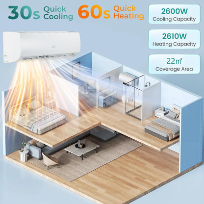 9000 BTU Air Conditioner Wall Split, 5 in 1 Air Cooler Heater Dehumidifier Air Purifier Fan with Heat Pump & Remote Control, A++ Efficiency, 2.6 Kw, Inverter, Installation Kit Included