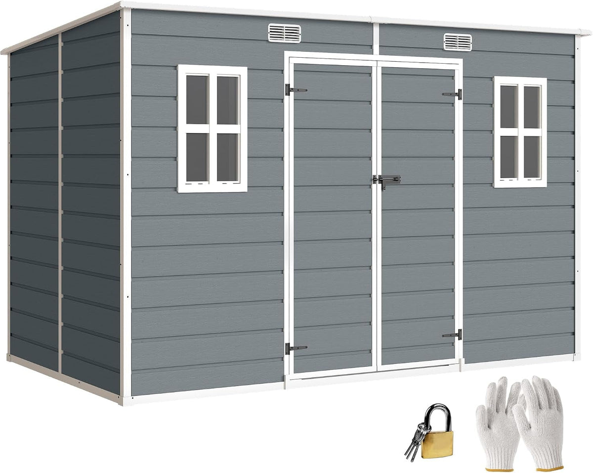 10 X 6 Ft Plastic Garden Shed with Floor, Lockable Doors Grey
