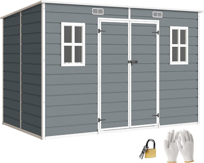 10 X 6 Ft Plastic Garden Shed with Floor, Lockable Doors Grey