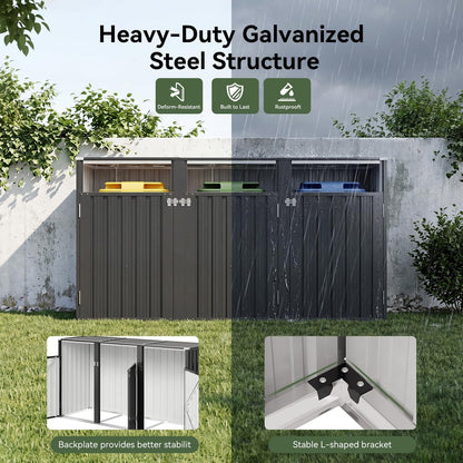 3 Wheelie Bin Storage, Outdoor Bin Storage Shed for 3 Bins up to 240L, Galvanized Steel Bin Store with Chain Lid & Reinforced Back Panel for Garden Patio Yard