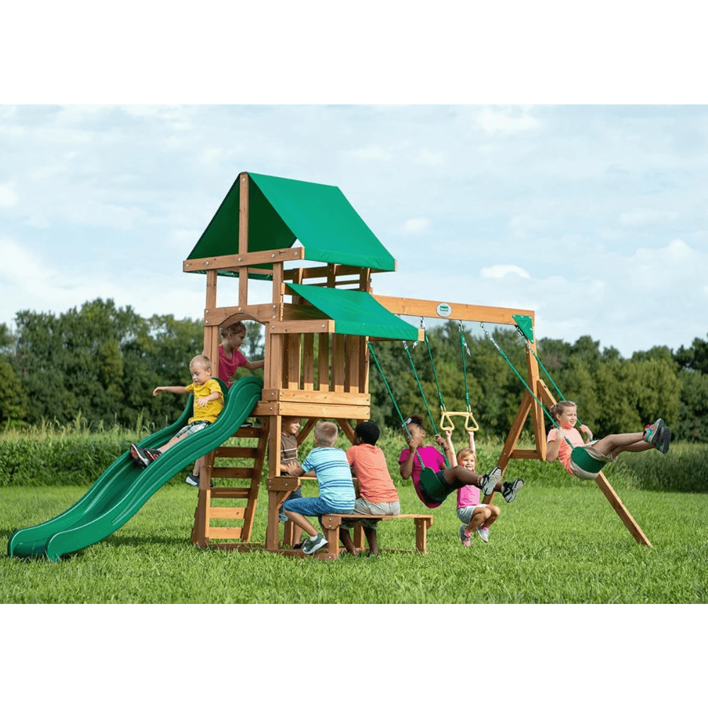 Canyon Creek All Cedar Swing Set Playset w/ Rockwall Upper Fort Belt Swings Web Swing Gray Wave Slide, and Play Kitchen