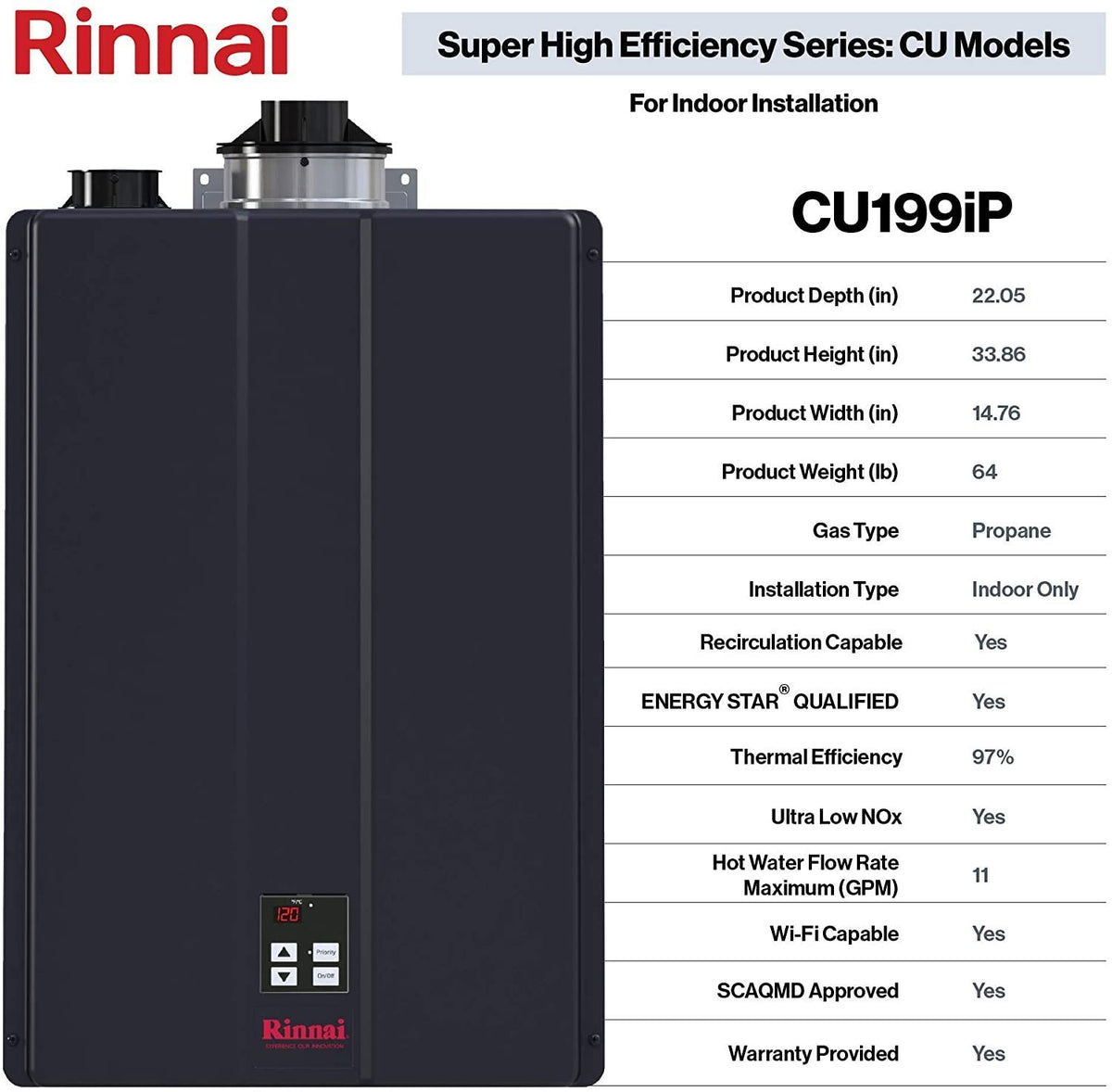 Rinnai CU199iP 11 GPM Indoor Commercial Liquid Propane LP Condensing Tankless Water Heater New