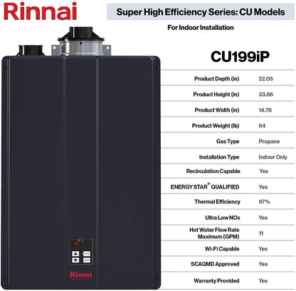 Rinnai CU199iP 11 GPM Indoor Commercial Liquid Propane LP Condensing Tankless Water Heater New