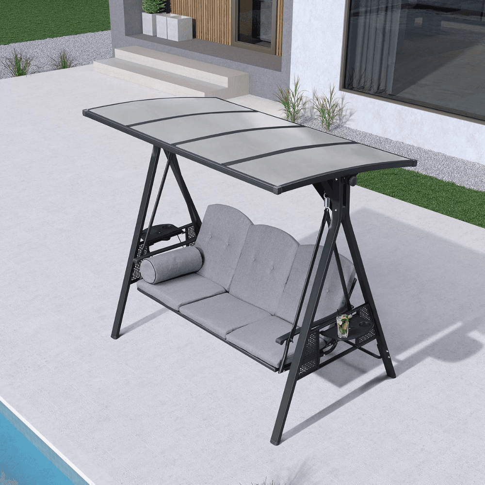 PURPLE LEAF 3-seat Outdoor Patio Porch Swing Adjustable Backrest, Cushions and Pillow Included
