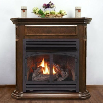 Duluth Forge Dual Fuel Ventless Gas Fireplace With Mantel – 32,000 BTU, T-Stat Control, Nutmeg Finish – Model# DFS-400T-4NG
